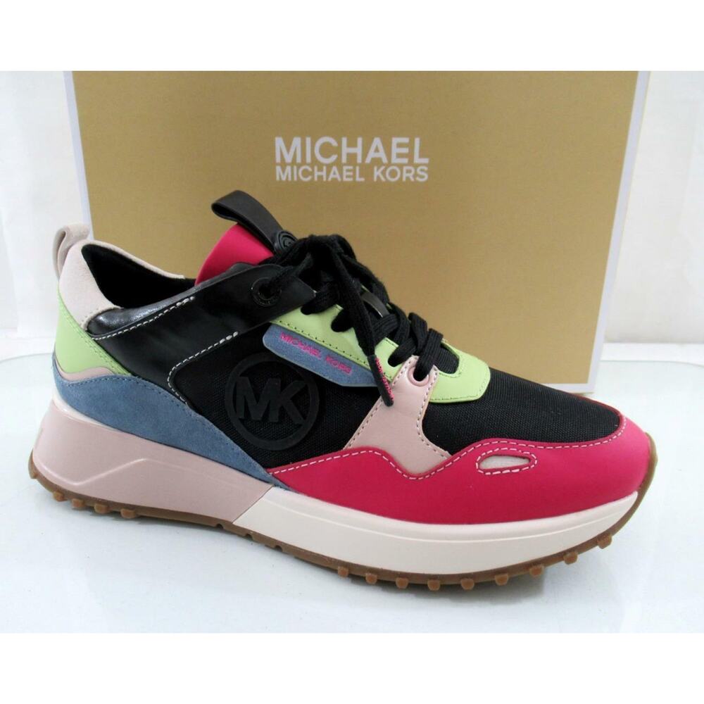 Michael Kors size 7 Theo Trainer Lace Up Sneakers Mk Logo Black Leather